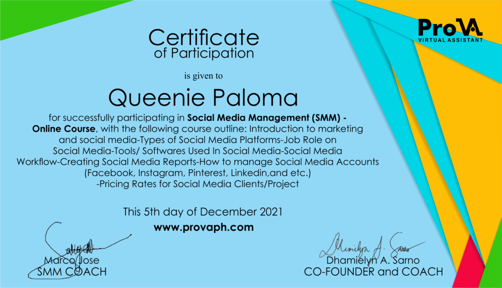 SMM-Marketing certification of Queenie Paloma