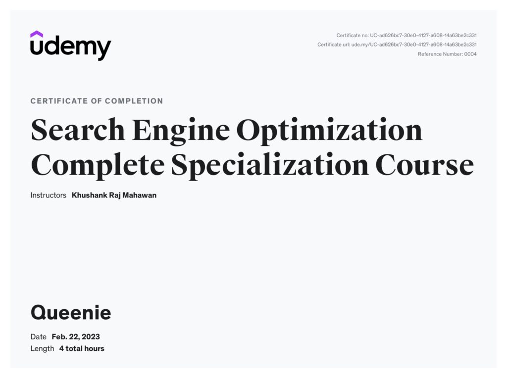 Udemy SEO certification - Queenie Paloma