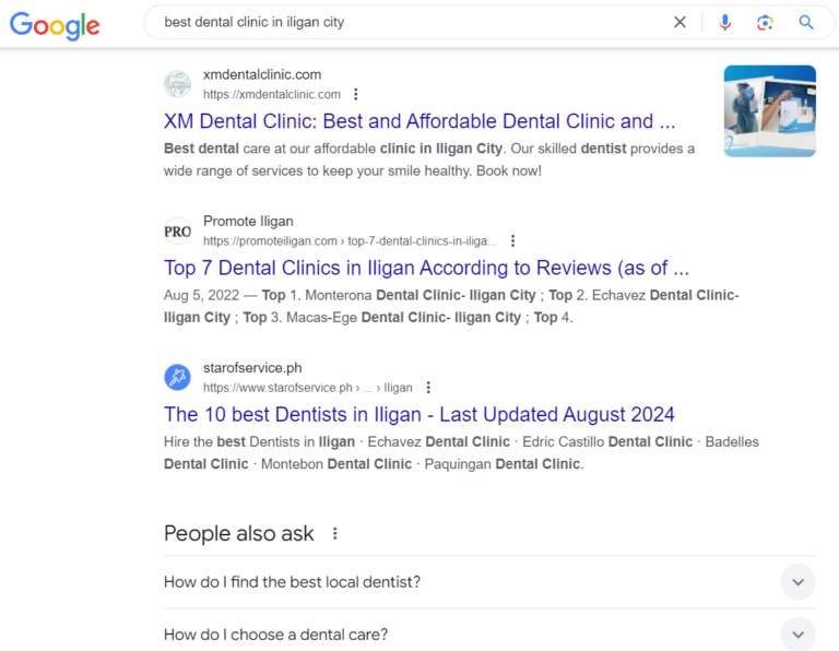 First page ranking for XM dental